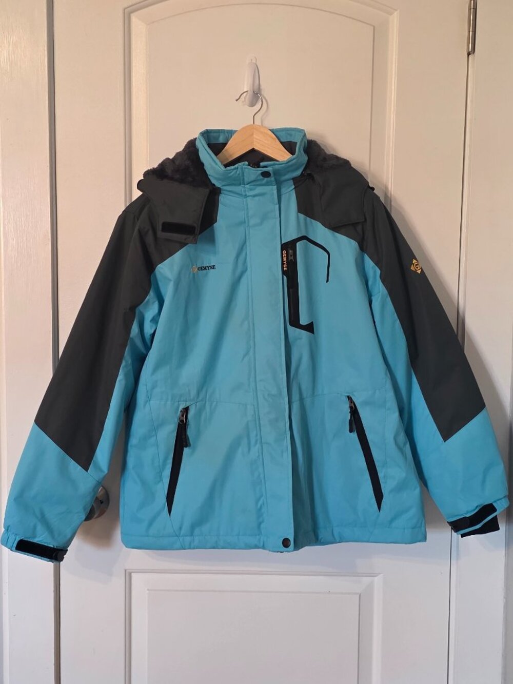 GEMYSE Ski/Snowboard Jacket – Fleece-Lined Winter Coat (Turquoise Blue/Gray - L)